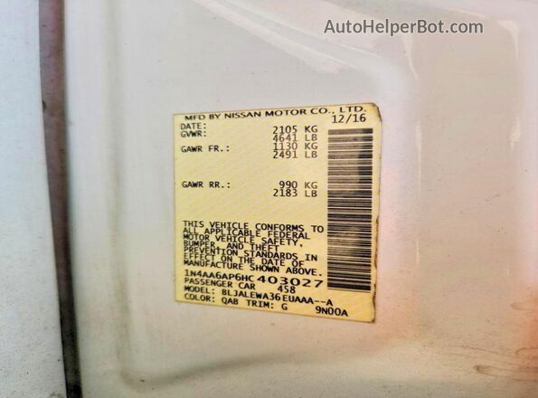 1N4AA6AP6HC403027 2017 NISSAN MAXIMA White Вид наклейки з VIN-кодом