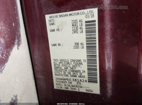 1N4AA6AP6JC381424 2018 NISSAN MAXIMA Purple Vista del compartimento del motor
