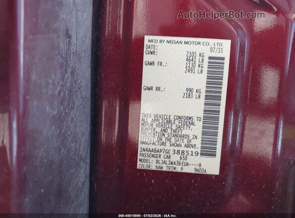 1N4AA6AP7GC388519 2016 NISSAN MAXIMA Red Շարժիչի բաժամունքի տեսք