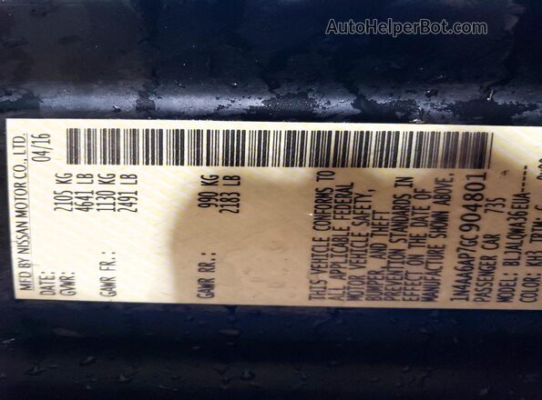 1N4AA6AP7GC904801 2016 NISSAN MAXIMA Black Vista del compartimento del motor