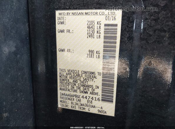 1N4AA6AP8GC447416 2016 NISSAN MAXIMA Черный Вид подкапотного пространства