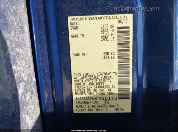1N4AA6AP8HC450110 2017 NISSAN MAXIMA Синий Вид подкапотного пространства