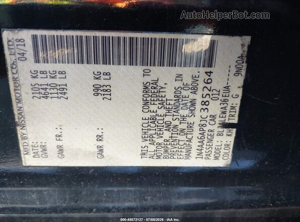 1N4AA6AP8JC385264 2018 NISSAN MAXIMA Black Engine compartment view
