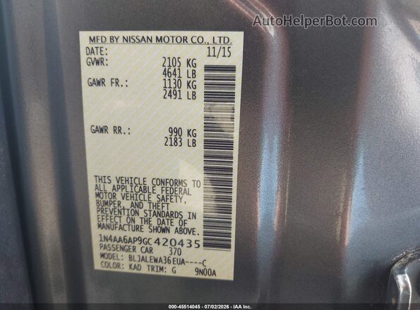 1N4AA6AP9GC420435 2016 NISSAN MAXIMA Gray Вид підкапотного простору