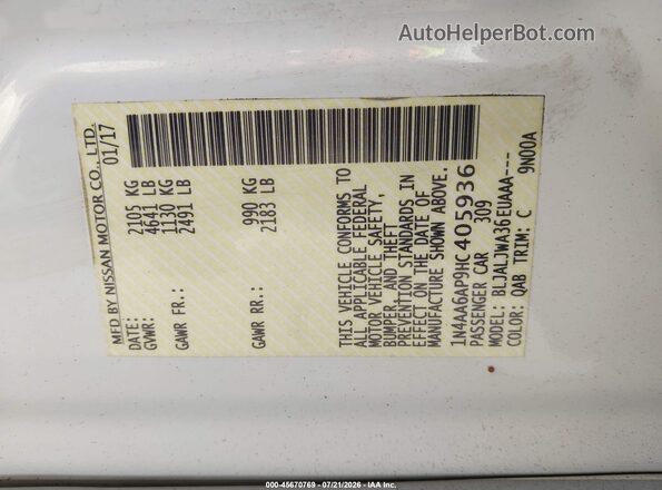 1N4AA6AP9HC405936 2017 NISSAN MAXIMA Белый Вид подкапотного пространства