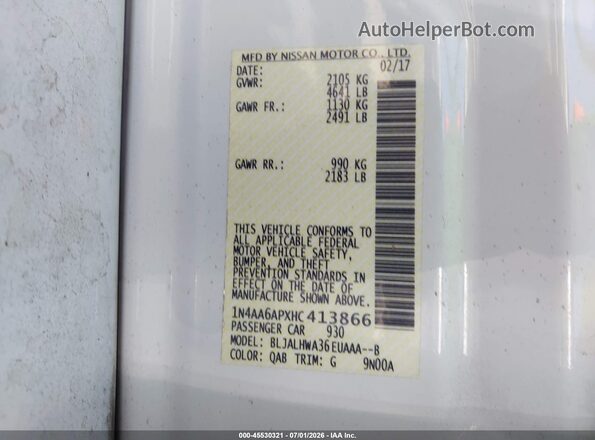 1N4AA6APXHC413866 2017 NISSAN MAXIMA White Widok komory silnika