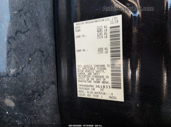1N4AA6AV0KC361833 2019 NISSAN MAXIMA Black Engine compartment view