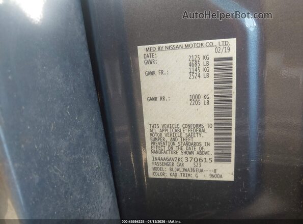 1N4AA6AV2KC370615 2019 NISSAN MAXIMA Gray ძრავის განყოფილების ხედი