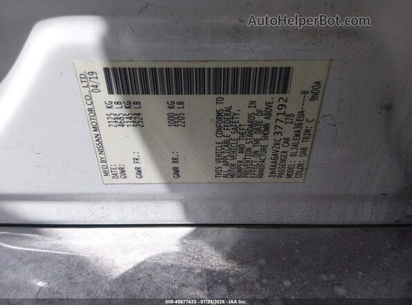 1N4AA6AV2KC377192 2019 NISSAN MAXIMA White Vista del compartimento del motor