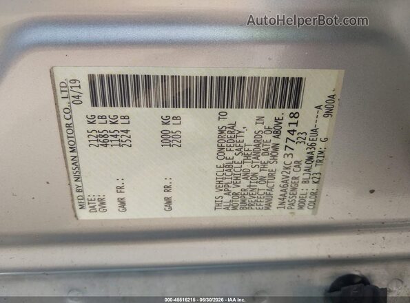 1N4AA6AV2KC377418 2019 NISSAN MAXIMA Silver Вид підкапотного простору