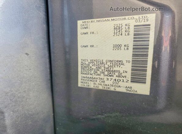 1N4AA6AV3KC374012 2019 NISSAN MAXIMA Green Widok naklejki z numerem VIN