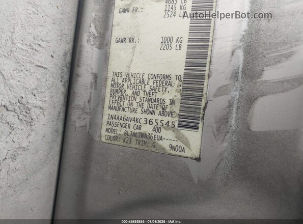 1N4AA6AV4KC365545 2019 NISSAN MAXIMA Silver Շարժիչի բաժամունքի տեսք