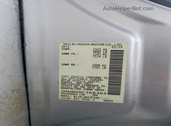 1N4AA6AV4KC368364 2019 NISSAN MAXIMA Silver Widok komory silnika