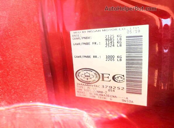 1N4AA6AV4KC379252 2019 NISSAN MAXIMA Red Շարժիչի բաժամունքի տեսք