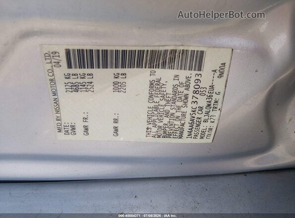 1N4AA6AV5KC378093 2019 NISSAN MAXIMA Silver Vista del compartimento del motor