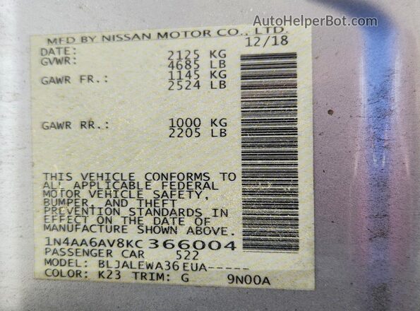 1N4AA6AV8KC366004 2019 NISSAN MAXIMA Silver Вид підкапотного простору