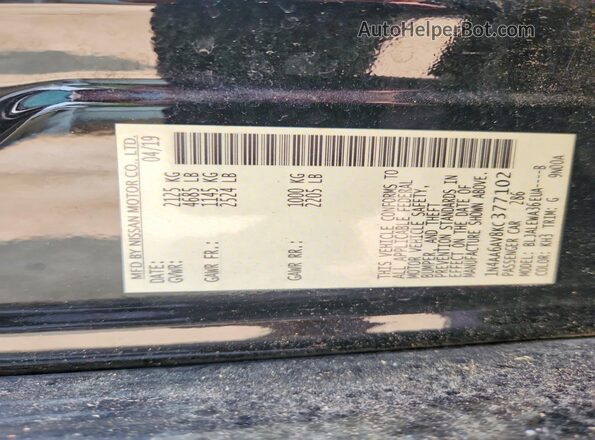 1N4AA6AV8KC377102 2019 NISSAN MAXIMA Black Вид наклейки з VIN-кодом