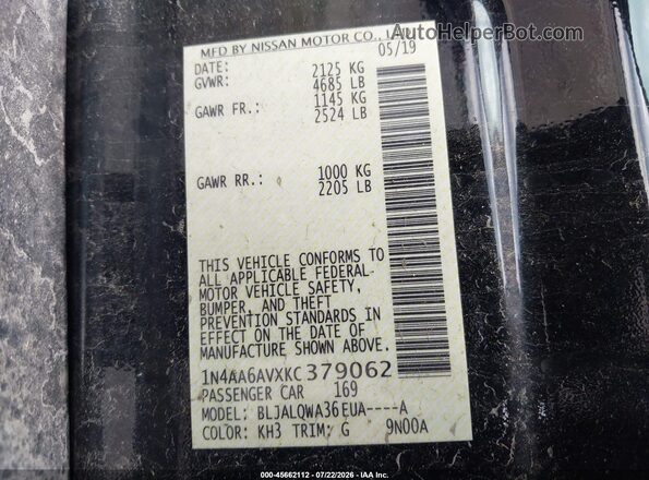 1N4AA6AVXKC379062 2019 NISSAN MAXIMA Black Вид підкапотного простору