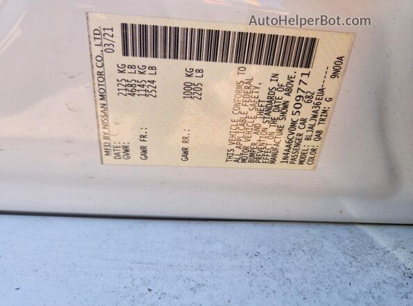 1N4AA6CV0MC509771 2021 NISSAN MAXIMA White VIN კოდის სტიკერის ხედი