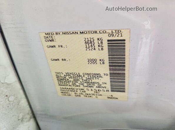 1N4AA6CV1MC515658 2021 NISSAN MAXIMA White Engine compartment view
