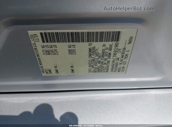 1N4AA6CV4LC369190 2020 NISSAN MAXIMA Gray Widok komory silnika