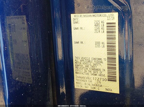 1N4AA6CV8LC372710 2020 NISSAN MAXIMA Blue Vista del compartimento del motor