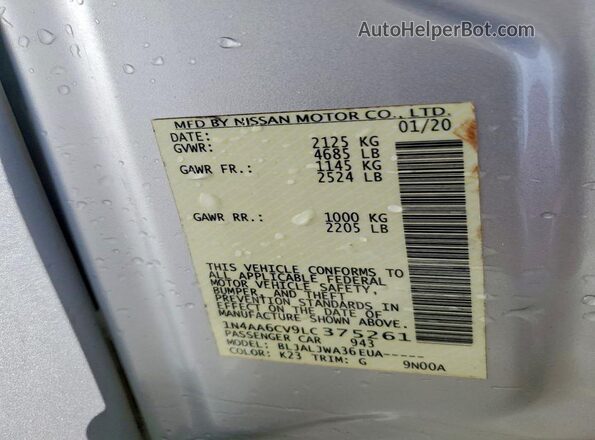 1N4AA6CV9LC375261 2020 NISSAN MAXIMA Silver VIN sticker view