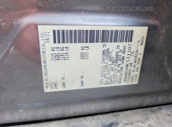 1N4AA6CVXMC511107 2021 NISSAN MAXIMA Gray Вид підкапотного простору