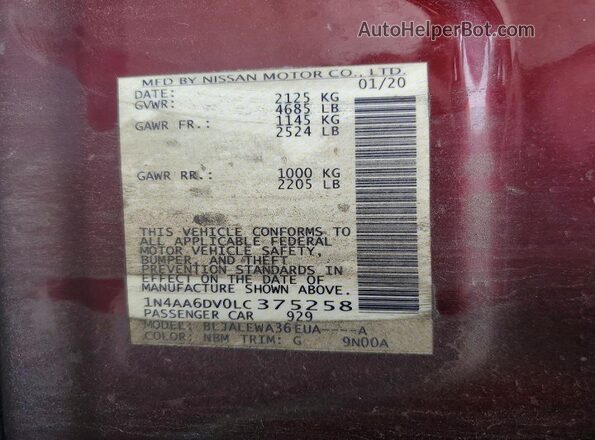 1N4AA6DV0LC375258 2020 NISSAN MAXIMA Burgundy ძრავის განყოფილების ხედი