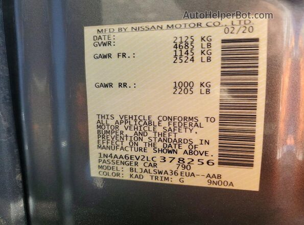 1N4AA6EV2LC378256 2020 NISSAN MAXIMA Gray Widok komory silnika