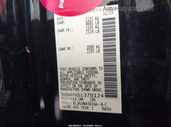 1N4AA6FV2LC370124 2020 NISSAN MAXIMA Black Вид підкапотного простору