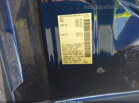 1N4AA6FV8LC376381 2020 NISSAN MAXIMA Синий Вид подкапотного пространства