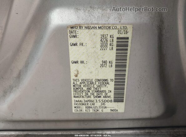 1N4AL3AP0GC155008 2016 NISSAN ALTIMA Silver Vista del compartimento del motor