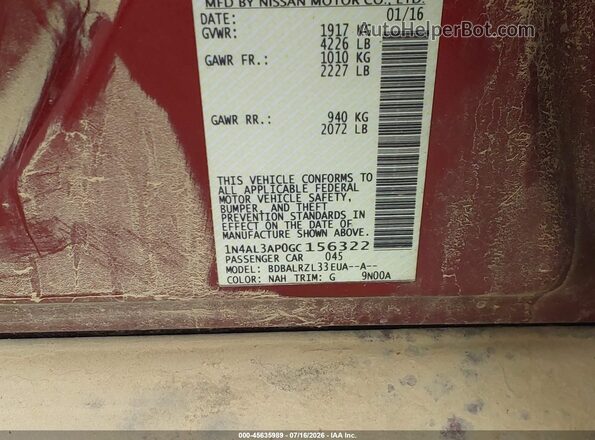 1N4AL3AP0GC156322 2016 NISSAN ALTIMA Красный Вид подкапотного пространства