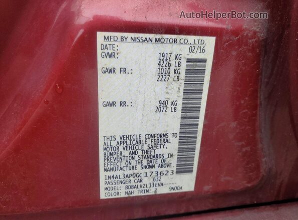1N4AL3AP0GC173623 2016 NISSAN ALTIMA Red Vista de la etiqueta del VIN