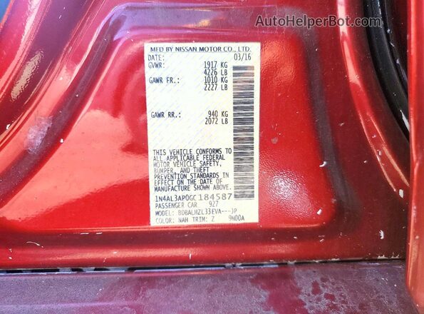 1N4AL3AP0GC184587 2016 NISSAN ALTIMA Красный Вид наклейки с VIN-кодом