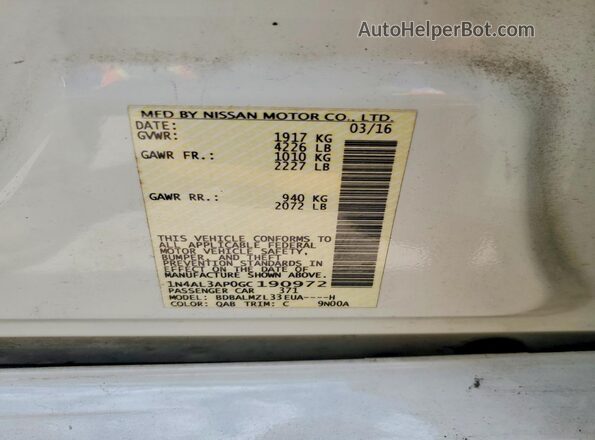 1N4AL3AP0GC190972 2016 NISSAN ALTIMA White VIN კოდის სტიკერის ხედი