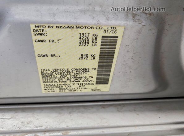 1N4AL3AP0GC238986 2016 NISSAN ALTIMA Silver Вид наклейки з VIN-кодом
