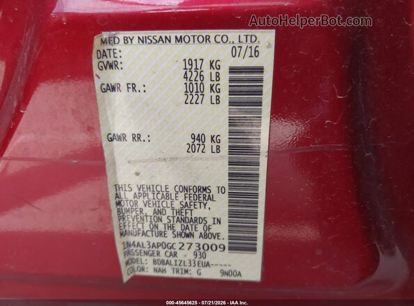 1N4AL3AP0GC273009 2016 NISSAN ALTIMA Red Вид підкапотного простору