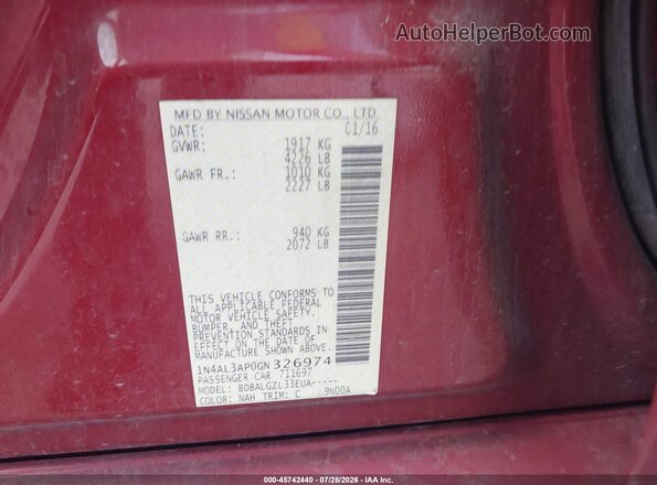 1N4AL3AP0GN326974 2016 NISSAN ALTIMA Red Вид підкапотного простору