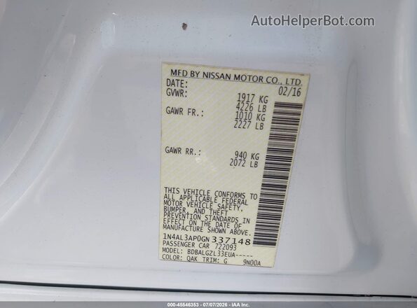 1N4AL3AP0GN337148 2016 NISSAN ALTIMA White Vista del compartimento del motor