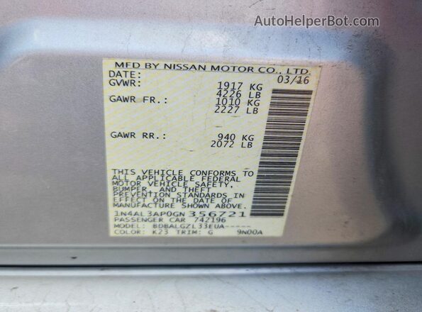 1N4AL3AP0GN356721 2016 NISSAN ALTIMA Silver Widok naklejki z numerem VIN