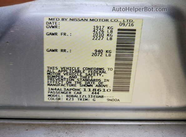 1N4AL3AP0HC118610 2017 NISSAN ALTIMA Silver ძრავის განყოფილების ხედი