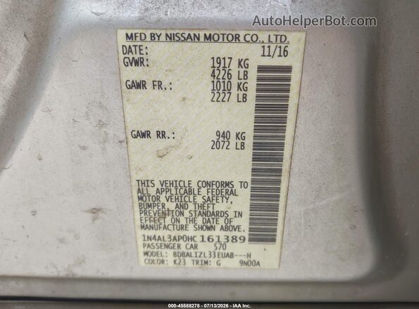 1N4AL3AP0HC161389 2017 NISSAN ALTIMA Silver Vista del compartimento del motor