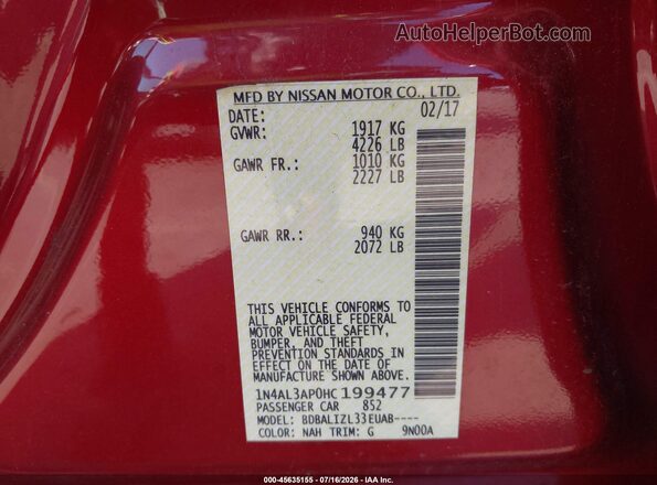 1N4AL3AP0HC199477 2017 NISSAN ALTIMA Красный Вид подкапотного пространства