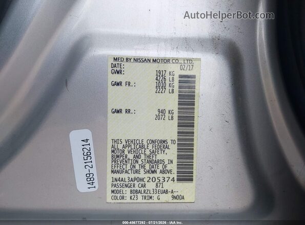 1N4AL3AP0HC205374 2017 NISSAN ALTIMA Silver Vista del compartimento del motor