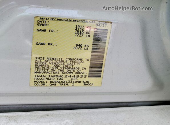 1N4AL3AP0HC244935 2017 NISSAN ALTIMA White Вид підкапотного простору