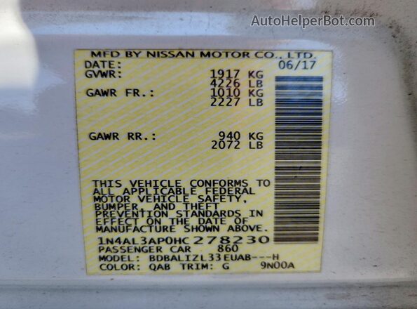 1N4AL3AP0HC278230 2017 NISSAN ALTIMA White Vista del compartimento del motor