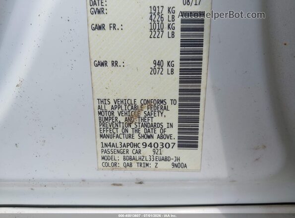 1N4AL3AP0HC940307 2017 NISSAN ALTIMA White Vista del compartimento del motor