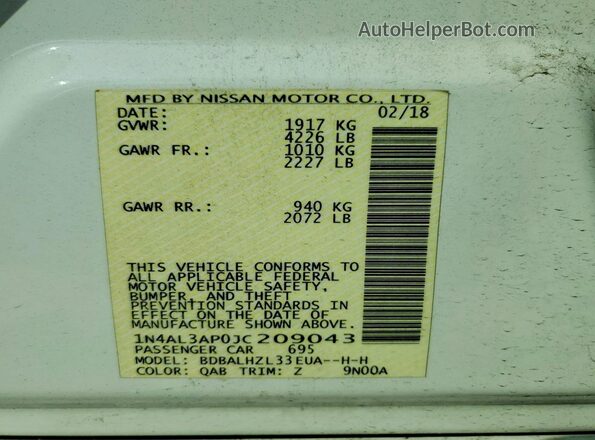 1N4AL3AP0JC209043 2018 NISSAN ALTIMA White Вид наклейки з VIN-кодом